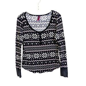 La Senza Women Large Thermal Waffle Nordic Top Long Sleeve Fair Isle Black White